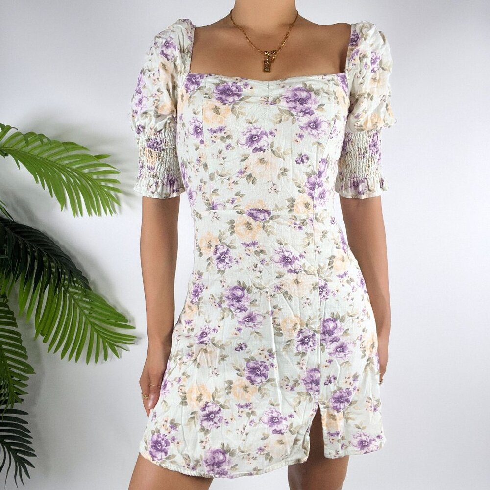 Blue Rain Linen Floral Puff Sleeve Cottagecore Coquette Mini Dress / Small